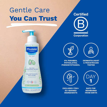 Mustela Baby Cleansing Water - No - Rinse Micellar Water - with Natural Avocado & Aloe Vera - for Baby's Face, Body & Diaper - 1 or 2 - Pack - Various Sizes - 7DAY'S