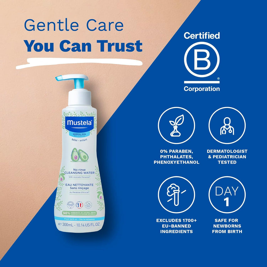 Mustela Baby Cleansing Water - No - Rinse Micellar Water - with Natural Avocado & Aloe Vera - for Baby's Face, Body & Diaper - 1 or 2 - Pack - Various Sizes - 7DAY'S