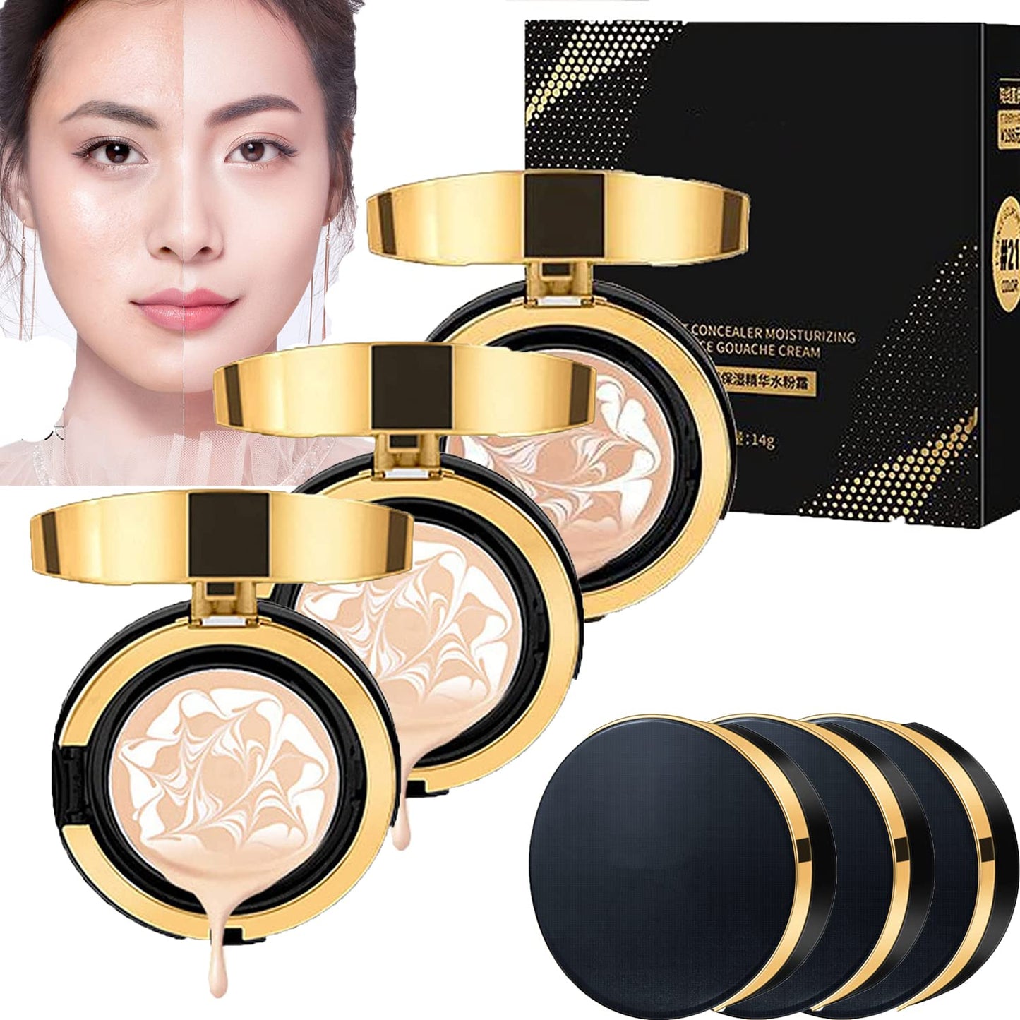 MZV Concealer Cushion Cream,Water Bead Tricolor Latte Concealer Cushion,MZV Water Bead Tricolor Latte Concealer Cushion,Moisturizing Essence Foundation (Natural Whit - 3PCS) - 7DAY'S