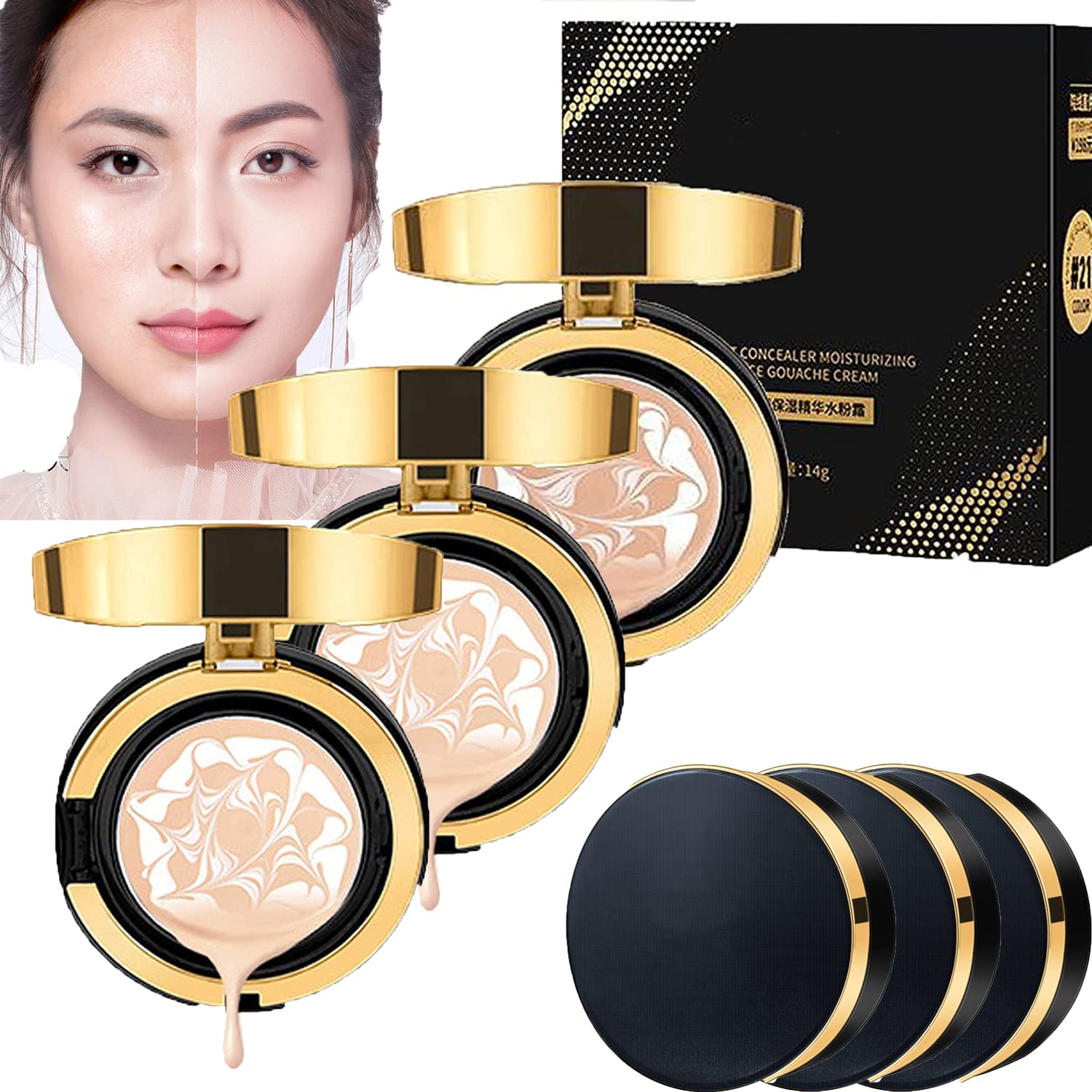 MZV Concealer Cushion Cream,Water Bead Tricolor Latte Concealer Cushion,MZV Water Bead Tricolor Latte Concealer Cushion,Moisturizing Essence Foundation (Natural Whit - 3PCS) - 7DAY'S
