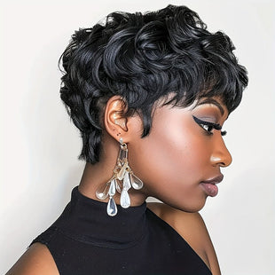 Natural Black Short Pixie Cut Wigs For Black Women Curly Hair Wigs Replacement Short Black Layered Pixie Wigs With Bangs Wigs For Black Women (Natural Black)