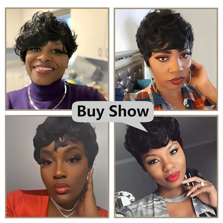 Natural Black Short Pixie Cut Wigs For Black Women Curly Hair Wigs Replacement Short Black Layered Pixie Wigs With Bangs Wigs For Black Women (Natural Black) - 7DAY'S