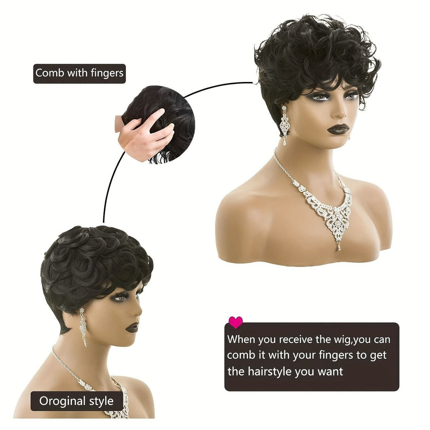 Natural Black Short Pixie Cut Wigs For Black Women Curly Hair Wigs Replacement Short Black Layered Pixie Wigs With Bangs Wigs For Black Women (Natural Black) - 7DAY'S