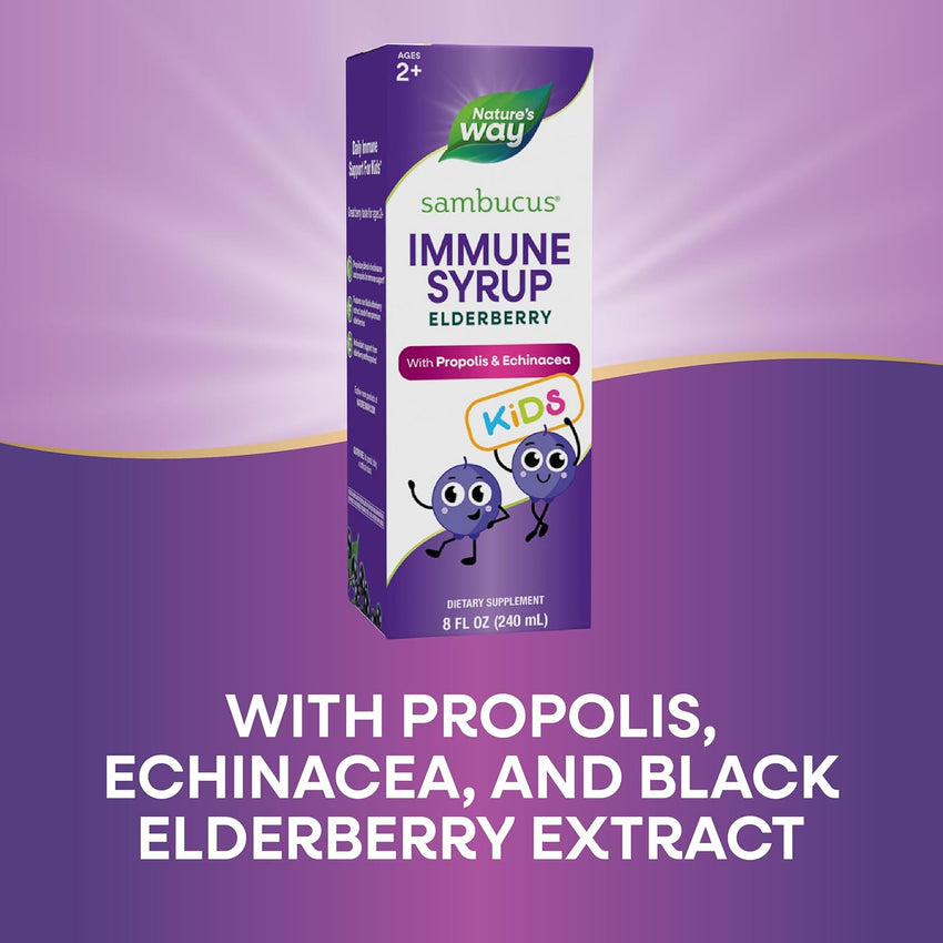 Nature's Way Sambucus Elderberry Immune Syrup for Kids Ages 2+, with Echinacea & Propolis, Immune Support Syrup*, Vegetarian, Berry Flavored, 8 Fl Oz - 7DAY'S