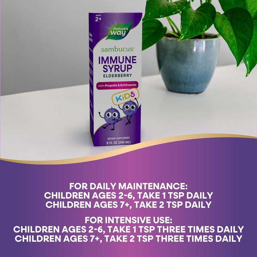 Nature's Way Sambucus Elderberry Immune Syrup for Kids Ages 2+, with Echinacea & Propolis, Immune Support Syrup*, Vegetarian, Berry Flavored, 8 Fl Oz - 7DAY'S