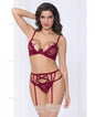 Netting Bra Lace Applique, Garter Belt &amp; Thong Wine XL - 7DAY'S