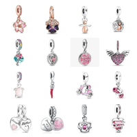 New 2023 Fashion Pink Pansy Flower Pendant Bead 925 Sterling Silver Plated Fit Necklace Keychain Charm DIY Jewelry Bracelet - 7DAY'S