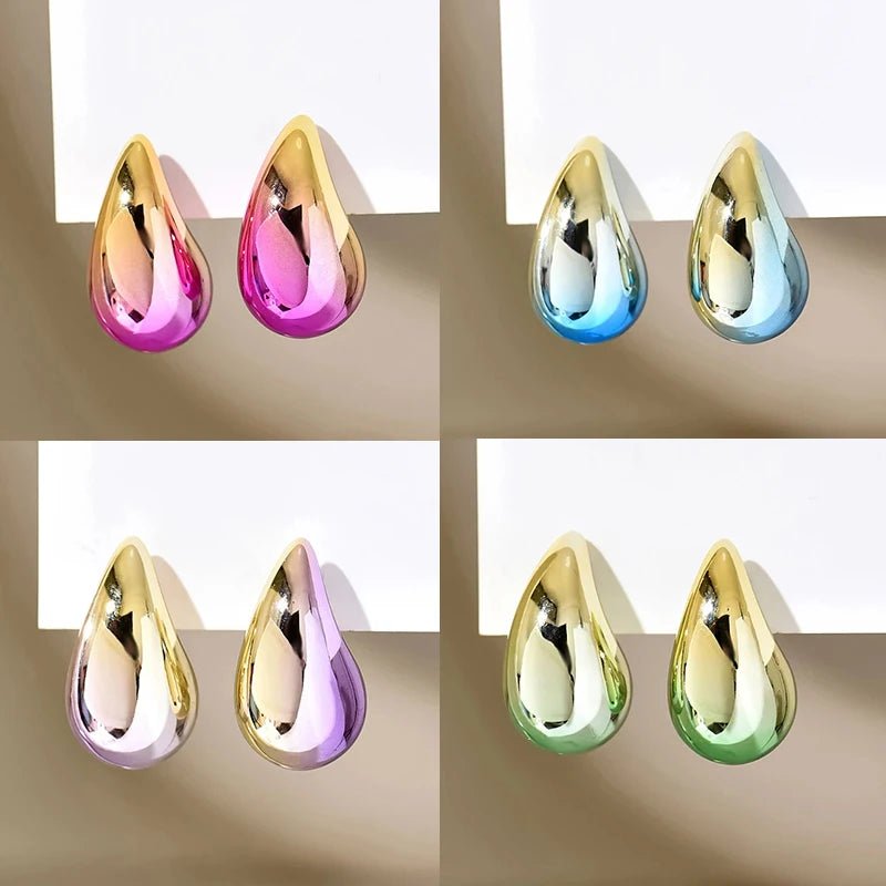 New 2PC/set Gradient Waterdrop Hoop Earrings Dupes for Women Thick Metallic Colorful Tear Drop Earring Lightweight Jewelry Gifts - 7DAY'S