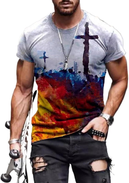 New Men's Casual Cross Faith Printed T-Shirt Street Hipster Fashion 3D Printed Short Sleeve T-Shirt - 7DAY'S