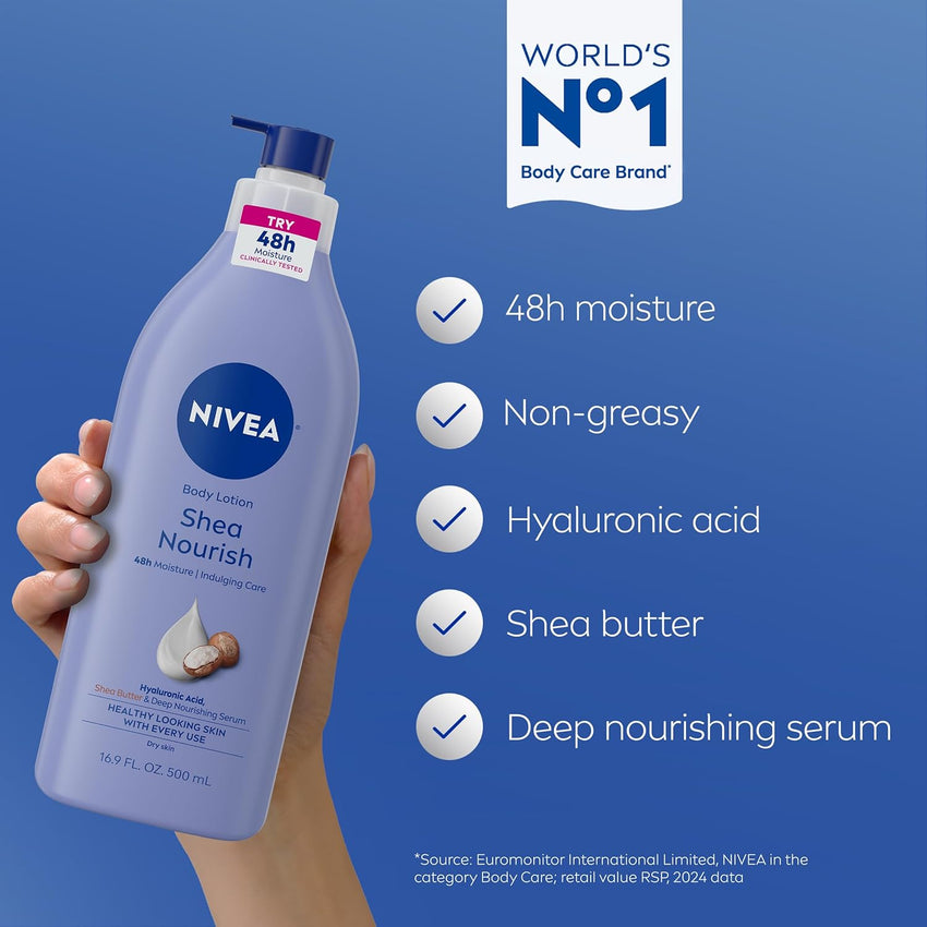 NIVEA Shea Nourish Body Lotion for Dry Skin with Hyaluronic Acid, Shea Butter and Deep Nourishing Serum, 48 - Hour Body Moisturizer, 16.9 Fl Oz Pump Bottle - 7DAY'S