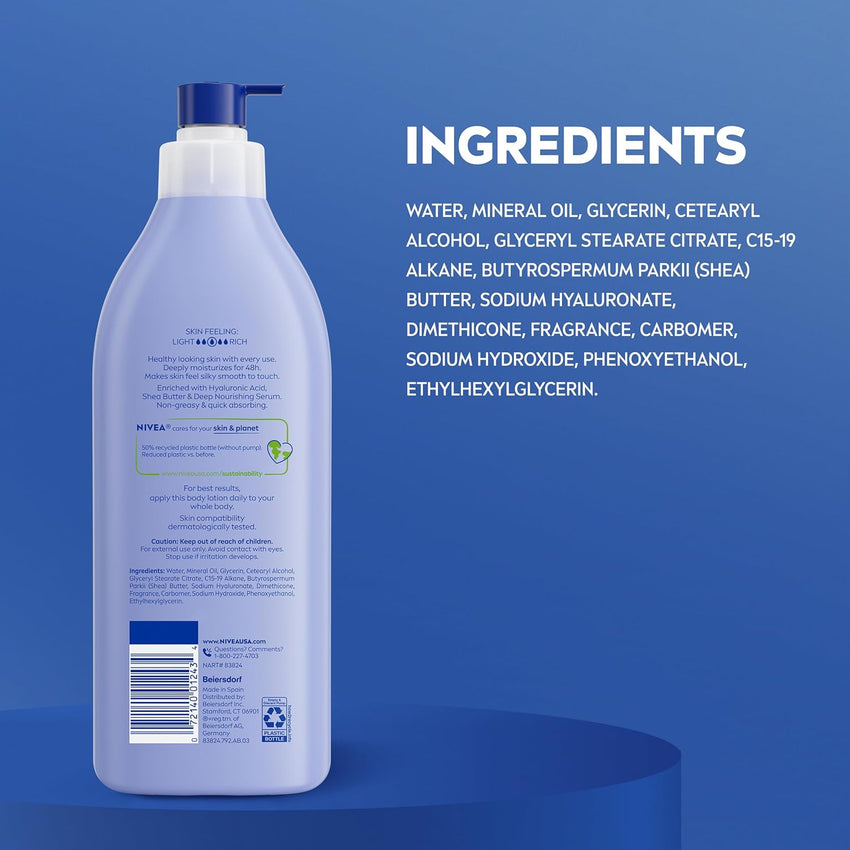 NIVEA Shea Nourish Body Lotion for Dry Skin with Hyaluronic Acid, Shea Butter and Deep Nourishing Serum, 48 - Hour Body Moisturizer, 16.9 Fl Oz Pump Bottle - 7DAY'S