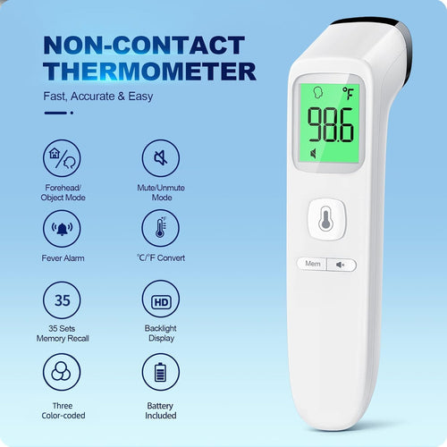 No - Touch Thermometer for Adults and Kids, Accurate Digital Baby Thermometer, Fever Alarm & Silent Mode, 2 in 1 Forehead & Object Mode - 7DAY'S