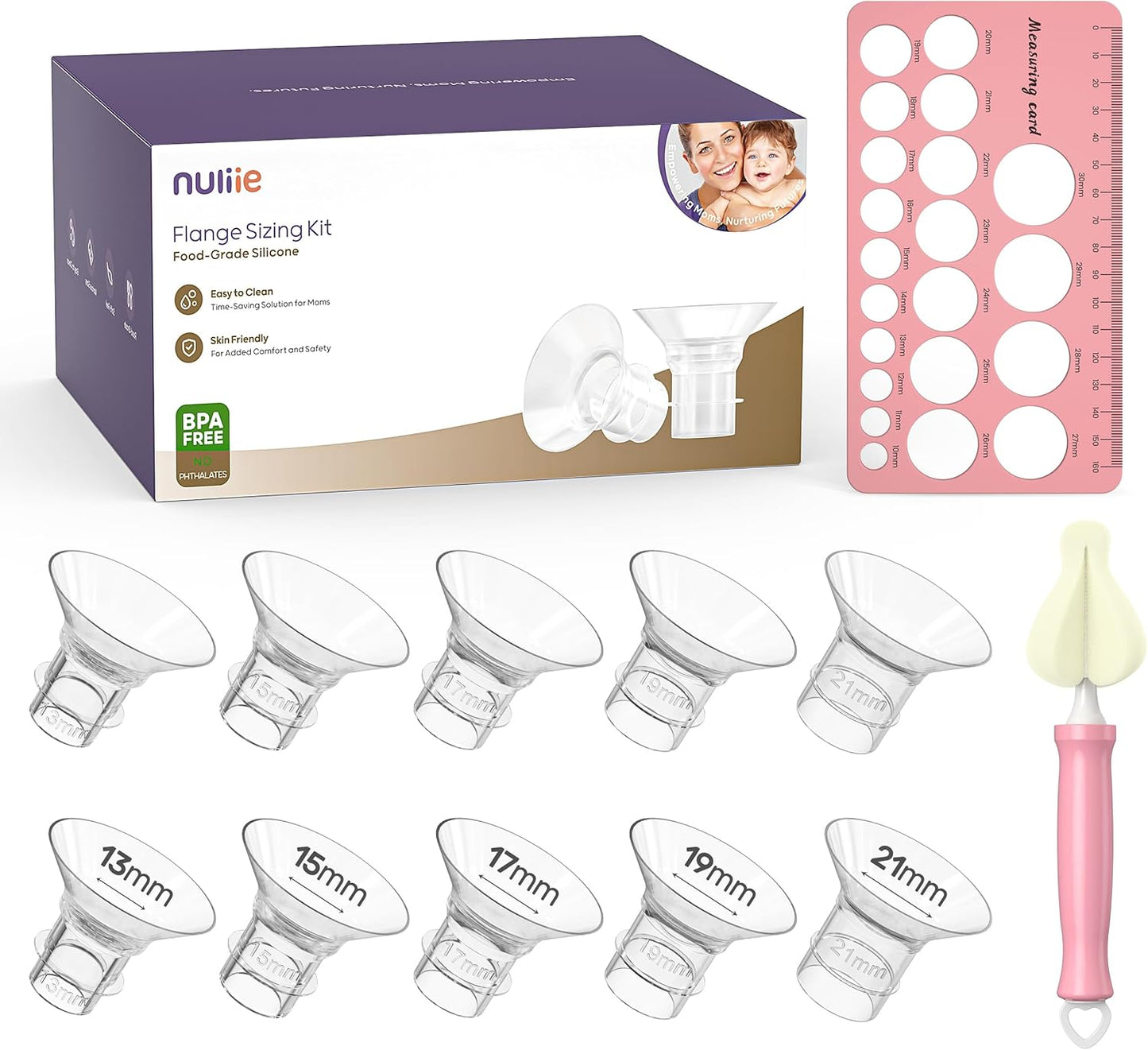 Nuliie 10PCS Flange Sizing Kit 13/15/17/19/21mm for 24mm Flange/Shield of Most Pumps, Silicone Flanges Insert for Momcozy/Spectra Electric Breast Pumps, Pumping Essential Kit for Moms - 7DAY'S