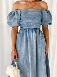 Off - Shoulder Balloon Sleeve Denim Dress - 7DAY'S