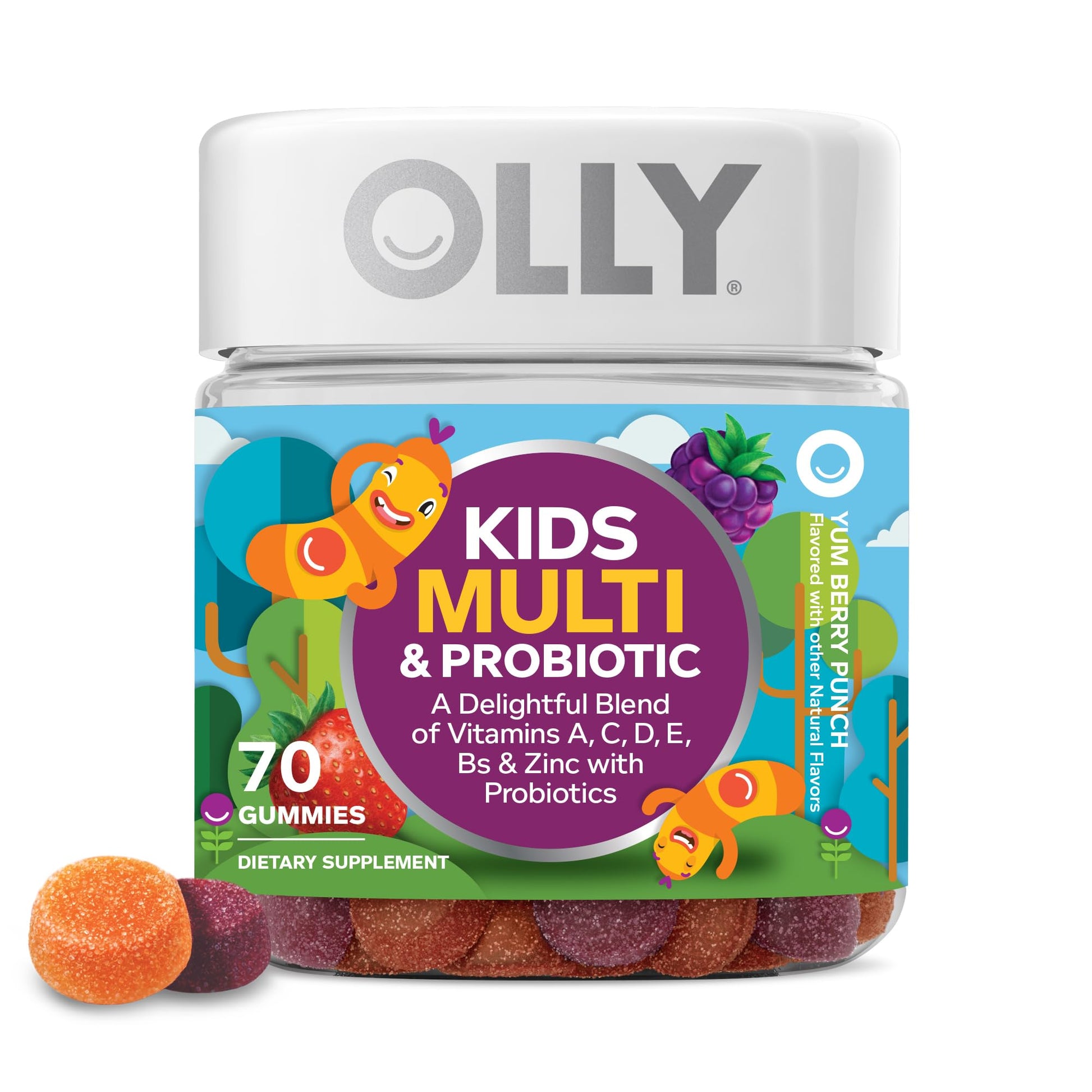 OLLY Kids Multivitamin & Probiotic Gummy, Digestive Support, Vitamins A, D, C, E, B, Zinc, Chewable Supplement, Berry Flavor, 50 day supply - 100 Count - 7DAY'S
