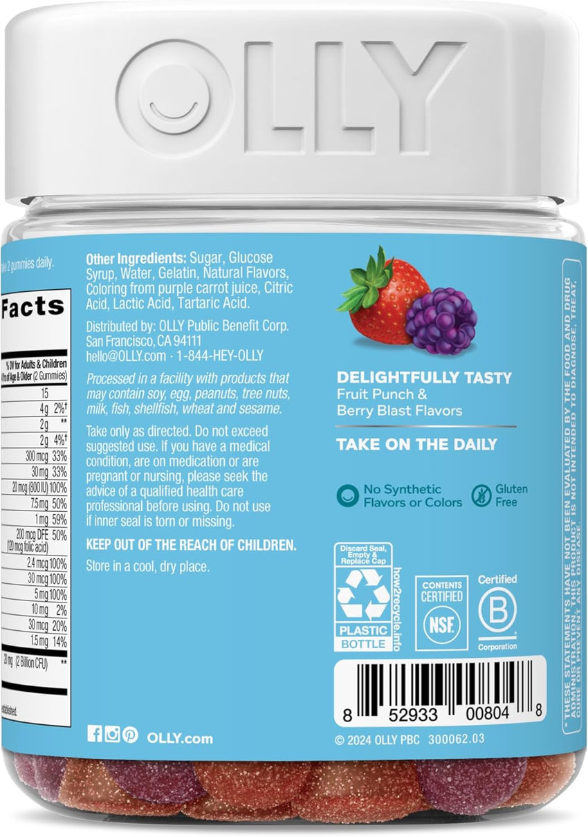 OLLY Kids Multivitamin & Probiotic Gummy, Digestive Support, Vitamins A, D, C, E, B, Zinc, Chewable Supplement, Berry Flavor, 50 day supply - 100 Count - 7DAY'S