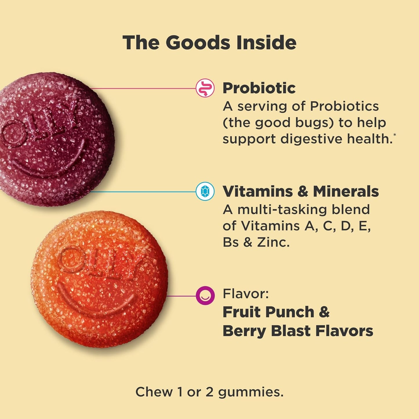 OLLY Kids Multivitamin & Probiotic Gummy, Digestive Support, Vitamins A, D, C, E, B, Zinc, Chewable Supplement, Berry Flavor, 50 day supply - 100 Count - 7DAY'S