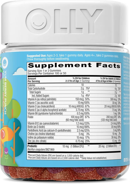 OLLY Kids Multivitamin & Probiotic Gummy, Digestive Support, Vitamins A, D, C, E, B, Zinc, Chewable Supplement, Berry Flavor, 50 day supply - 100 Count - 7DAY'S