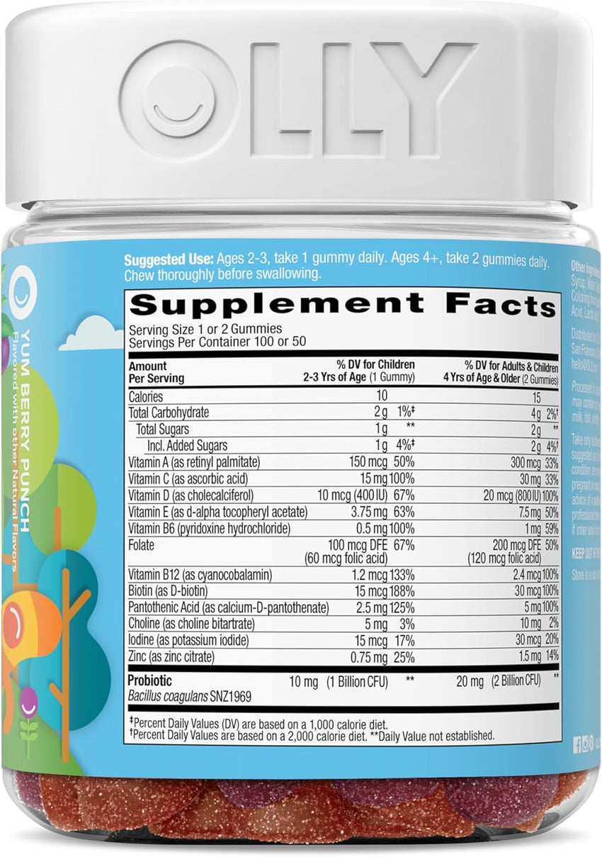 OLLY Kids Multivitamin & Probiotic Gummy, Digestive Support, Vitamins A, D, C, E, B, Zinc, Chewable Supplement, Berry Flavor, 50 day supply - 100 Count - 7DAY'S