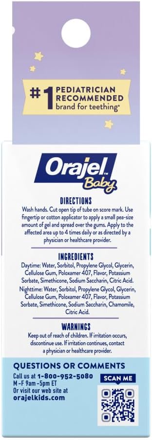 Orajel Baby Daytime & Nighttime Cooling Gels for Teething, Drug - Free, 1 Pediatrician Recommended Brand for Teething*, Two 0.18oz Tubes - 7DAY'S