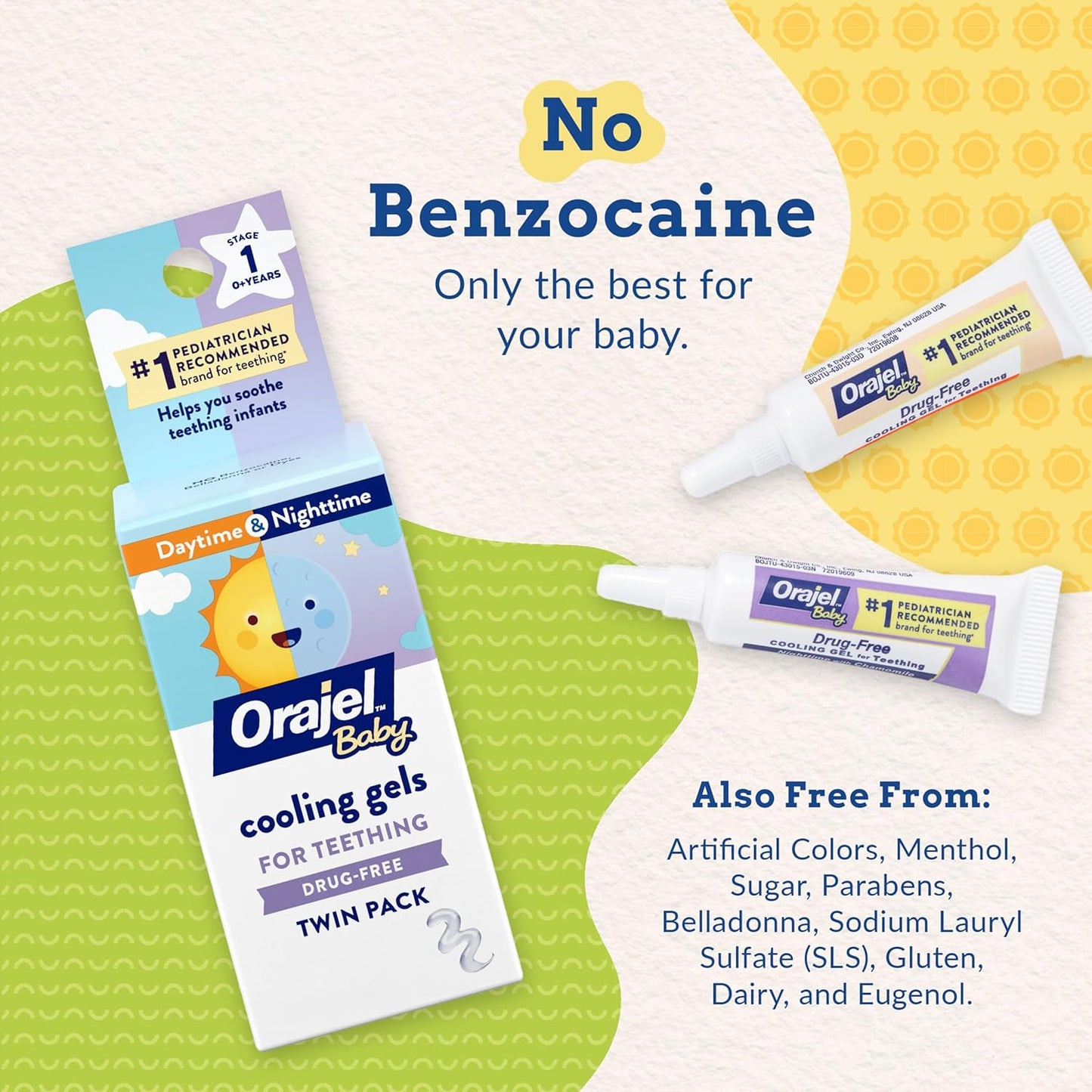 Orajel Baby Daytime & Nighttime Cooling Gels for Teething, Drug - Free, 1 Pediatrician Recommended Brand for Teething*, Two 0.18oz Tubes - 7DAY'S