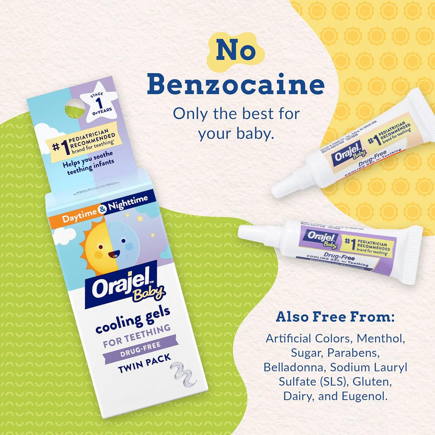 Orajel Baby Daytime & Nighttime Cooling Gels for Teething, Drug - Free, 1 Pediatrician Recommended Brand for Teething*, Two 0.18oz Tubes - 7DAY'S