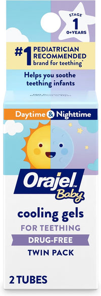 Orajel Baby Daytime & Nighttime Cooling Gels for Teething, Drug - Free, 1 Pediatrician Recommended Brand for Teething*, Two 0.18oz Tubes - 7DAY'S