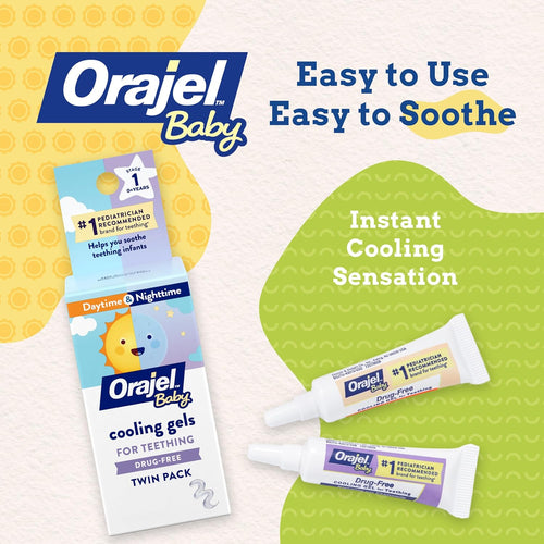 Orajel Baby Daytime & Nighttime Cooling Gels for Teething, Drug - Free, 1 Pediatrician Recommended Brand for Teething*, Two 0.18oz Tubes - 7DAY'S
