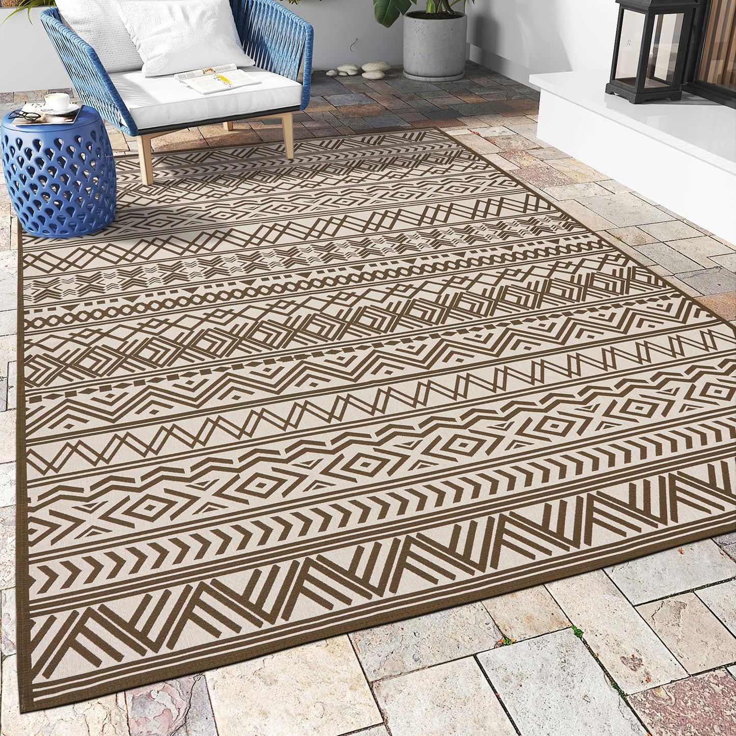 Outdoor Rug Carpet 5x8 ft, Flatweave Textured Outdoor Patio Rug Non Slip Indoor Outdoor Rugs with Rubber Particles Backing Boho Outdoor Area Rug for Patio Deck Front Porch Backyard Balcony - 7DAY'S