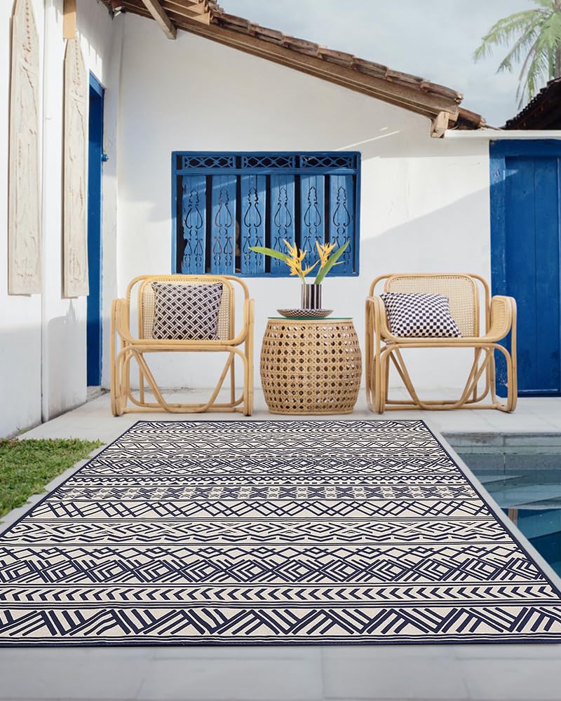 Outdoor Rug Carpet 5x8 ft, Flatweave Textured Outdoor Patio Rug Non Slip Indoor Outdoor Rugs with Rubber Particles Backing Boho Outdoor Area Rug for Patio Deck Front Porch Backyard Balcony - 7DAY'S