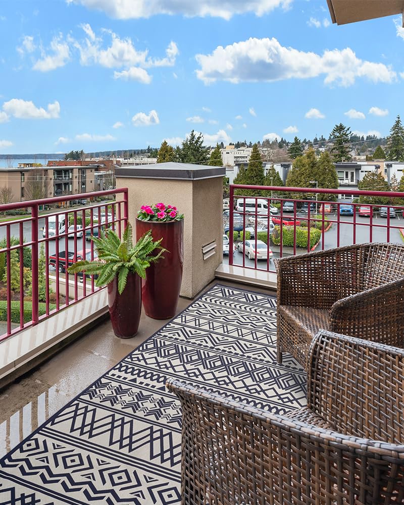 Outdoor Rug Carpet 5x8 ft, Flatweave Textured Outdoor Patio Rug Non Slip Indoor Outdoor Rugs with Rubber Particles Backing Boho Outdoor Area Rug for Patio Deck Front Porch Backyard Balcony - 7DAY'S