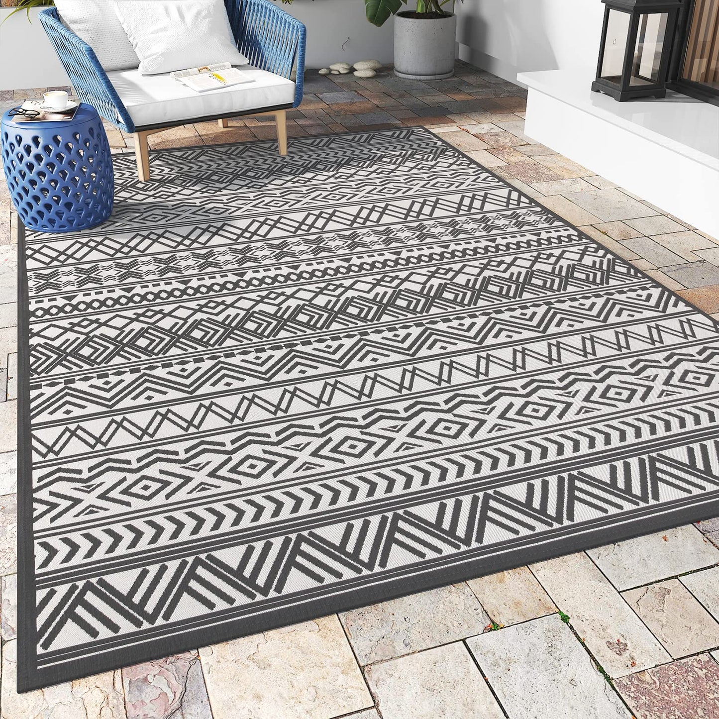 Outdoor Rug Carpet 5x8 ft, Flatweave Textured Outdoor Patio Rug Non Slip Indoor Outdoor Rugs with Rubber Particles Backing Boho Outdoor Area Rug for Patio Deck Front Porch Backyard Balcony - 7DAY'S
