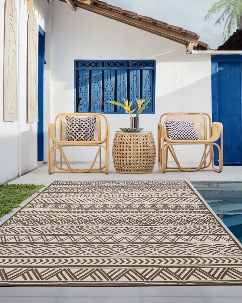 Outdoor Rug Carpet 5x8 ft, Flatweave Textured Outdoor Patio Rug Non Slip Indoor Outdoor Rugs with Rubber Particles Backing Boho Outdoor Area Rug for Patio Deck Front Porch Backyard Balcony - 7DAY'S