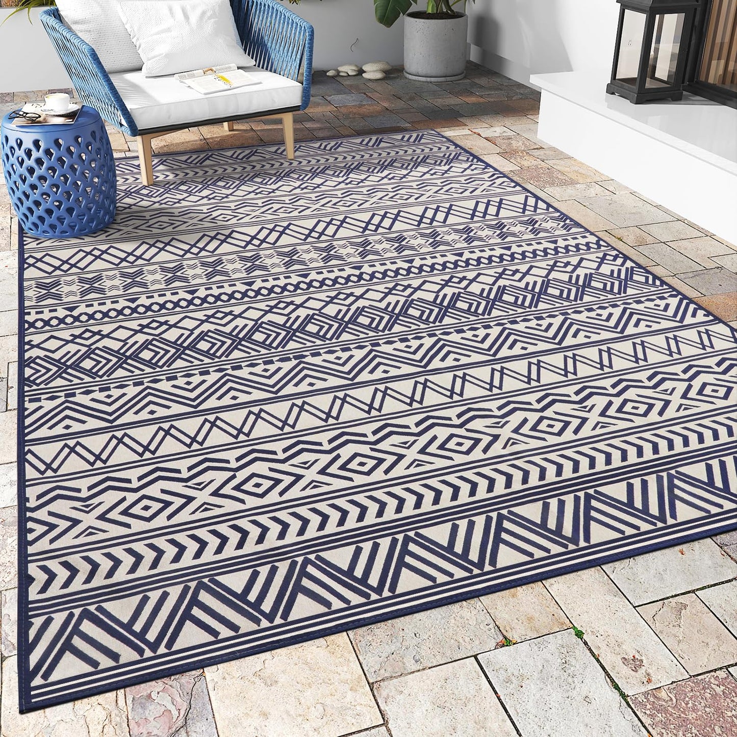 Outdoor Rug Carpet 5x8 ft, Flatweave Textured Outdoor Patio Rug Non Slip Indoor Outdoor Rugs with Rubber Particles Backing Boho Outdoor Area Rug for Patio Deck Front Porch Backyard Balcony - 7DAY'S