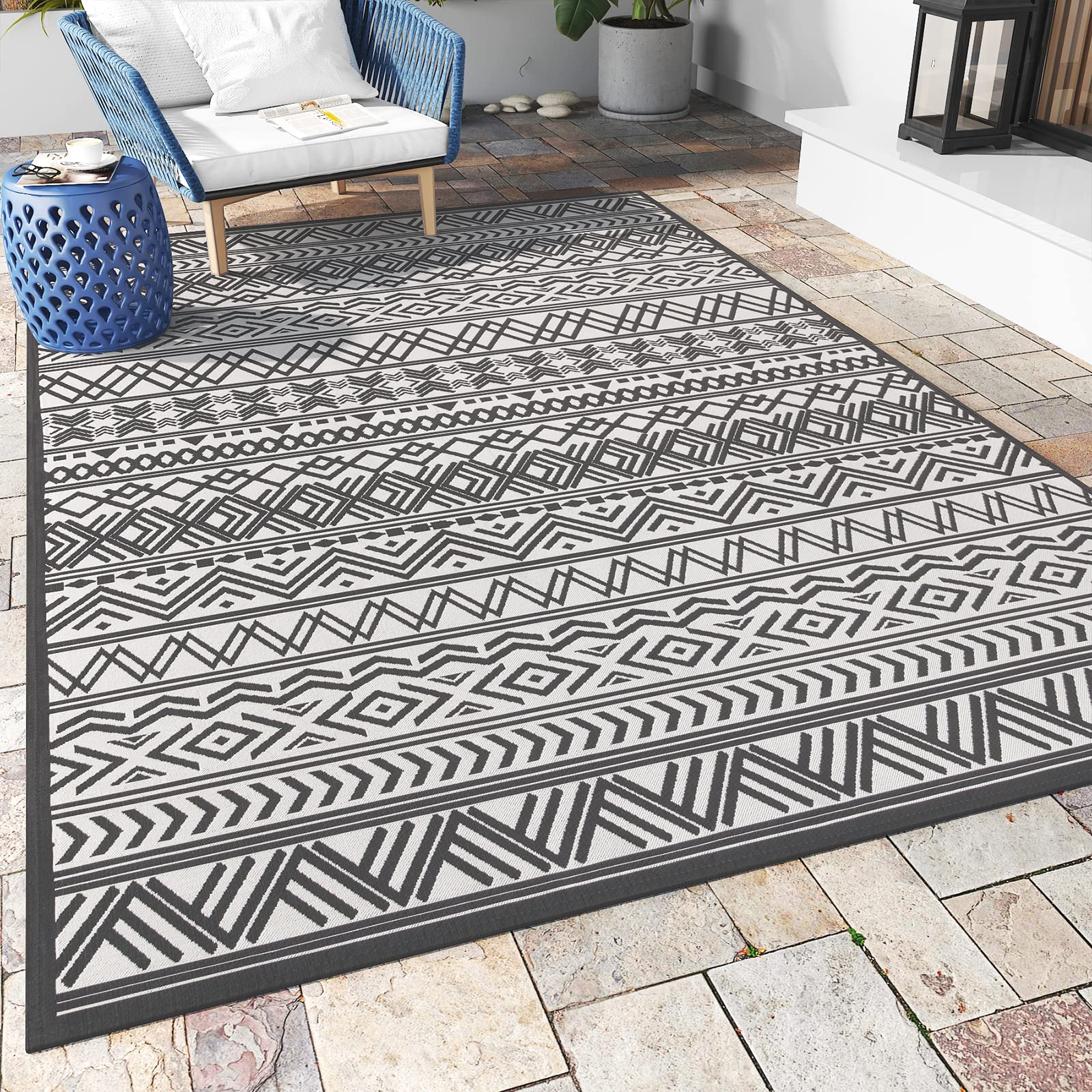 Outdoor Rug Carpet 5x8 ft, Flatweave Textured Outdoor Patio Rug Non Slip Indoor Outdoor Rugs with Rubber Particles Backing Boho Outdoor Area Rug for Patio Deck Front Porch Backyard Balcony - 7DAY'S