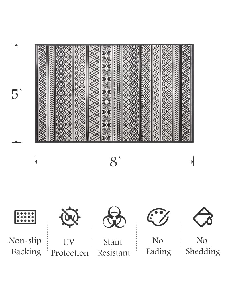 Outdoor Rug Carpet 5x8 ft, Flatweave Textured Outdoor Patio Rug Non Slip Indoor Outdoor Rugs with Rubber Particles Backing Boho Outdoor Area Rug for Patio Deck Front Porch Backyard Balcony - 7DAY'S