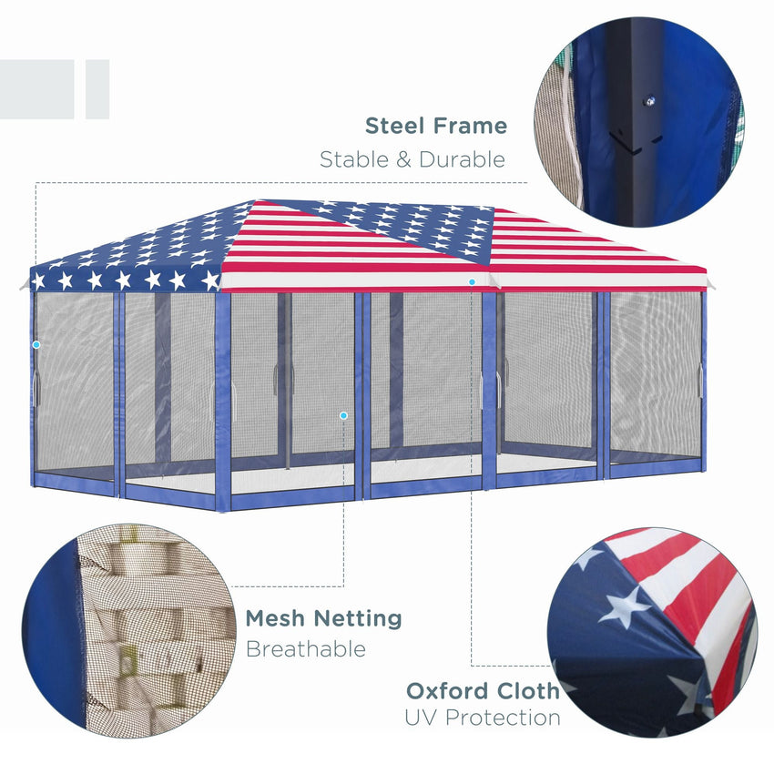 Outsunny 10' x 20' Pop - Up Canopy Tent Gazebo with American Flag Print and 6 Mesh Sidewalls, for Outdoor Events - 7DAY'S