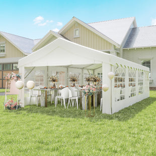 Outsunny 13' x 26' Heavy - Duty Outdoor Carport Party Event Tent, Patio Gazebo Canopy Pavilion with 4 Sidewalls & 8 Windows, White - 7DAY'S