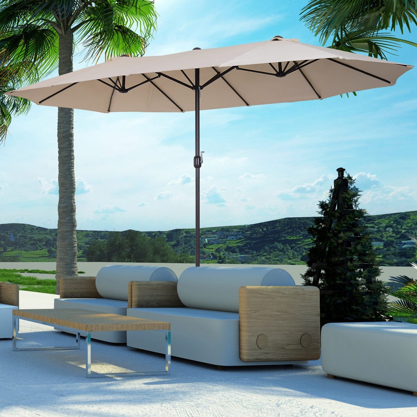 Outsunny 15ft Double - Sided Patio Umbrella Outdoor Market Extra Large Cream White with Crank for Deck Lawn Backyard Pool - 7DAY'S