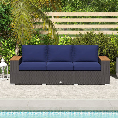 Outsunny 3 - Seat Outdoor Patio Sofa with Cushions, PE Rattan Wicker Sofa with Wide Armrests, Outdoor Wicker Couch, Navy Blue - 7DAY'S