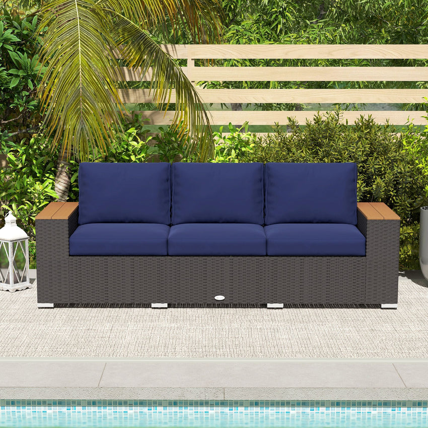 Outsunny 3 - Seat Outdoor Patio Sofa with Cushions, PE Rattan Wicker Sofa with Wide Armrests, Outdoor Wicker Couch, Navy Blue - 7DAY'S