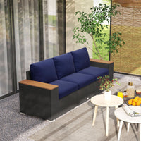 Outsunny 3 - Seat Outdoor Patio Sofa with Cushions, PE Rattan Wicker Sofa with Wide Armrests, Outdoor Wicker Couch, Navy Blue - 7DAY'S
