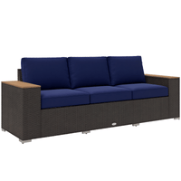 Outsunny 3 - Seat Outdoor Patio Sofa with Cushions, PE Rattan Wicker Sofa with Wide Armrests, Outdoor Wicker Couch, Navy Blue - 7DAY'S