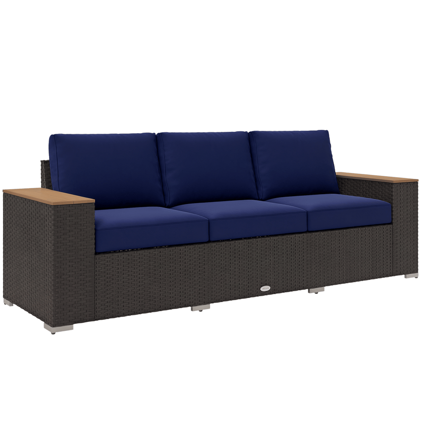 Outsunny 3 - Seat Outdoor Patio Sofa with Cushions, PE Rattan Wicker Sofa with Wide Armrests, Outdoor Wicker Couch, Navy Blue - 7DAY'S