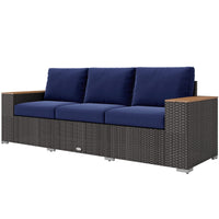 Outsunny 3 - Seat Outdoor Patio Sofa with Cushions, PE Rattan Wicker Sofa with Wide Armrests, Outdoor Wicker Couch, Navy Blue - 7DAY'S