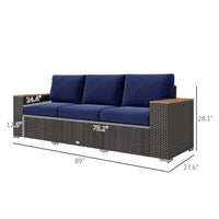 Outsunny 3 - Seat Outdoor Patio Sofa with Cushions, PE Rattan Wicker Sofa with Wide Armrests, Outdoor Wicker Couch, Navy Blue - 7DAY'S