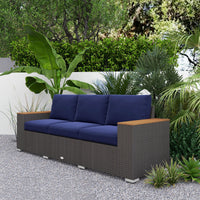 Outsunny 3 - Seat Outdoor Patio Sofa with Cushions, PE Rattan Wicker Sofa with Wide Armrests, Outdoor Wicker Couch, Navy Blue - 7DAY'S