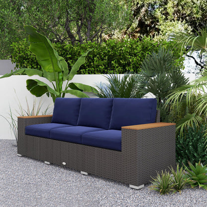 Outsunny 3 - Seat Outdoor Patio Sofa with Cushions, PE Rattan Wicker Sofa with Wide Armrests, Outdoor Wicker Couch, Navy Blue - 7DAY'S