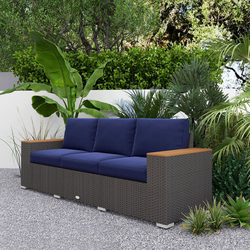 Outsunny 3 - Seat Outdoor Patio Sofa with Cushions, PE Rattan Wicker Sofa with Wide Armrests, Outdoor Wicker Couch, Navy Blue - 7DAY'S