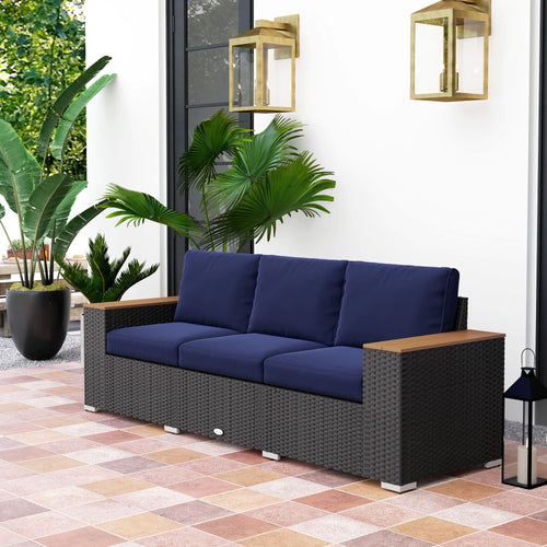 Outsunny 3 - Seat Outdoor Patio Sofa with Cushions, PE Rattan Wicker Sofa with Wide Armrests, Outdoor Wicker Couch, Navy Blue - 7DAY'S